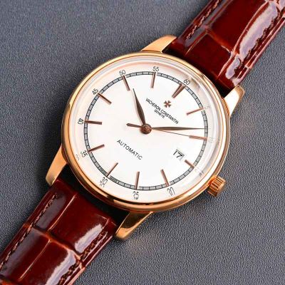 Vacheron Constantin Patrimony 9015 Movement 28800/H 41mm Italian Cowhide Leather Strap Rose Gold Case White Face Watch